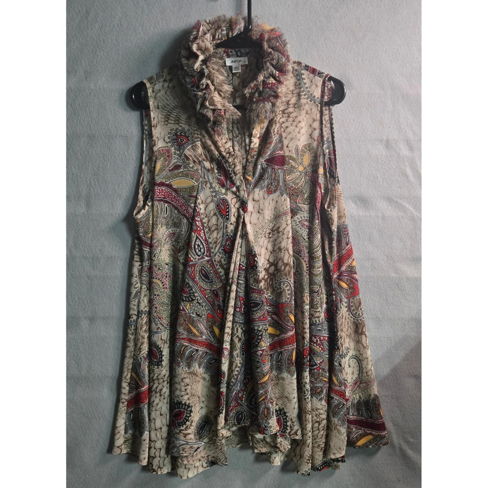 Womens Unique Paisley Print Sleeveless Blouse Ruffle Fringe Collar Tan Red Large